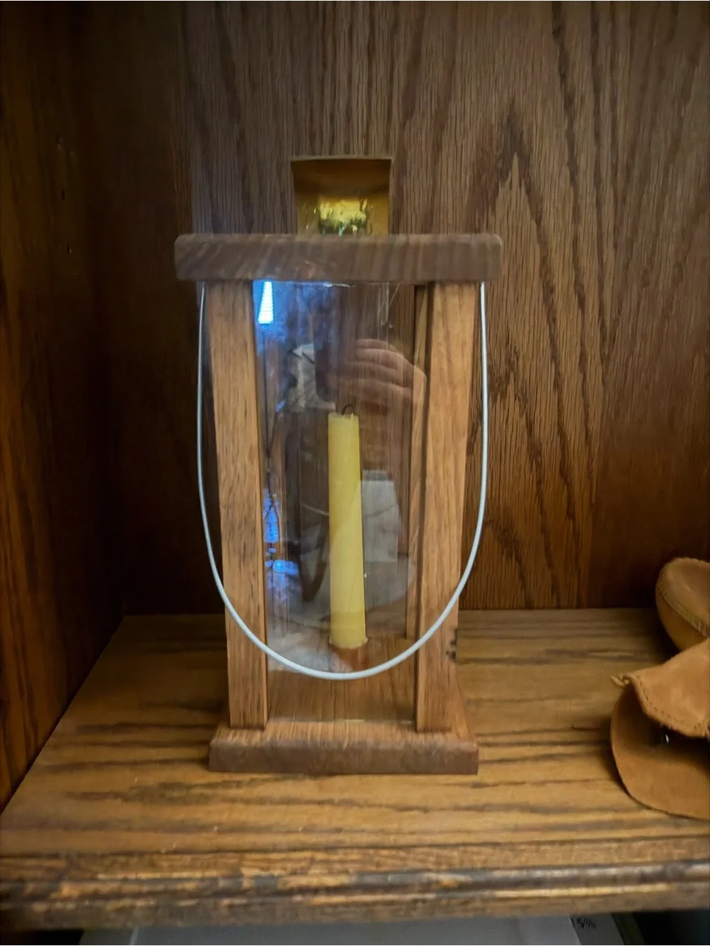 Wooden Lantern Candle Holder in Brown with Yellow Accent